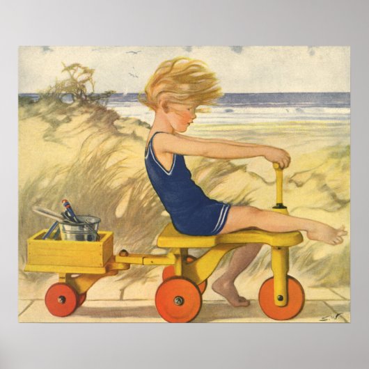 Vintager Junge spielt am Strand mit Sandspielzeug Poster (Vorne)