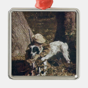 Vintager Junge und sein Jagd-Hund Silbernes Ornament