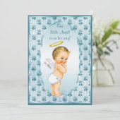 Vintager Jungen-Engels-blaue Rosen-Baby-Dusche Einladung (Stehend Vorderseite)