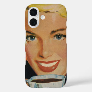 Vintager Kaffee, glückliche Frau mit Retro Coffee iPhone 16 Hülle