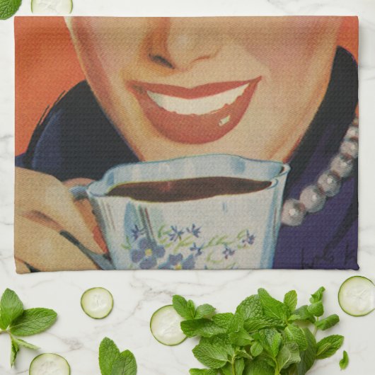 Vintager Kaffee, glückliche Frau mit Retro Coffee  Geschirrtuch (Gefaltet)