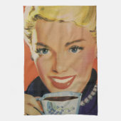 Vintager Kaffee, glückliche Frau mit Retro Coffee  Geschirrtuch (Vertikal)
