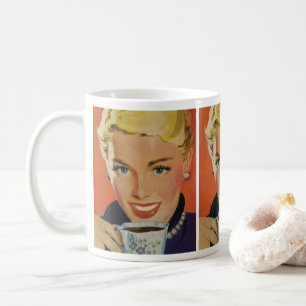 Vintager Kaffee, glückliche Frau mit Retro Coffee Kaffeetasse