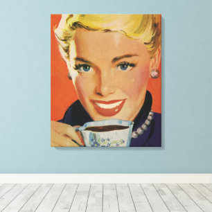 Vintager Kaffee, glückliche Frau mit Retro Coffee Leinwanddruck