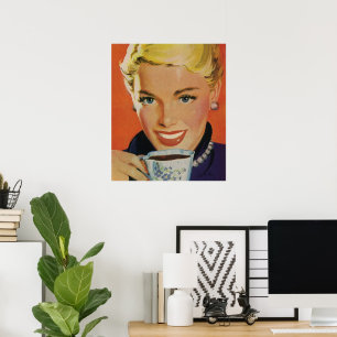 Vintager Kaffee, glückliche Frau mit Retro Coffee  Poster