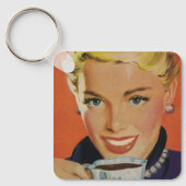 Vintager Kaffee, glückliche Frau mit Retro Coffee Schlüsselanhänger (Vorderseite)