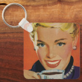 Vintager Kaffee, glückliche Frau mit Retro Coffee Schlüsselanhänger (Vorderseite)