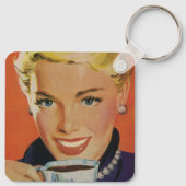 Vintager Kaffee, glückliche Frau mit Retro Coffee Schlüsselanhänger (Rückseite)