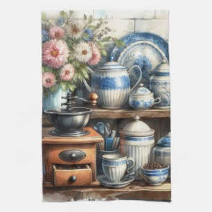 Vintager Kaffeebecher Töpfchen blau Geschirrtuch