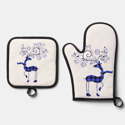 Vintager Karierter Rentier Ofenhandschuh & Topflappen-Set (Vorderseite)