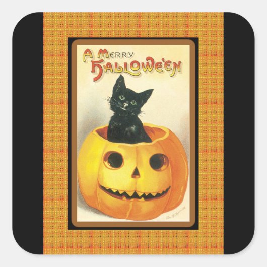 Vintager Katzenkürbis Halloween-Sticker Quadratischer Aufkleber (Vorderseite)