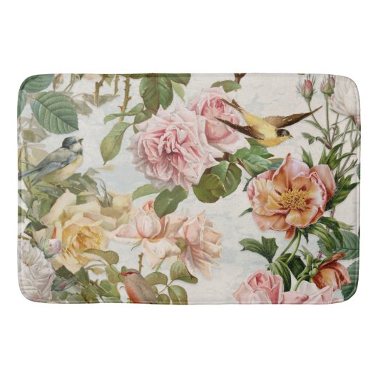 Vintager Kernpunkt Botanische Rose und Vögel Badematte (Vorderseite)