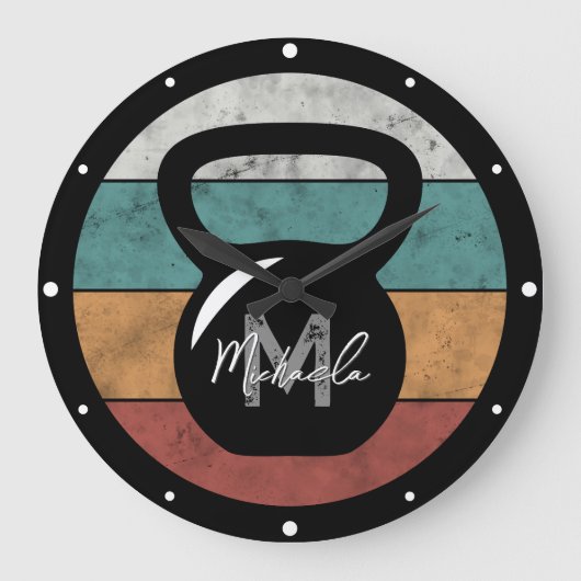 Vintager kettlebell benutzerdefinierter Monogrammn Große Wanduhr (Vorderseite)