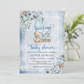 Vintager Kinderwagen und Teddybär und Blume Einladung (Stehend Vorderseite)