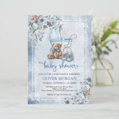 Vintager Kinderwagen und Teddybär und Blume Einladung (Stehend Vorderseite)