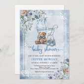 Vintager Kinderwagen und Teddybär und Blume Einladung (Vorne/Hinten)