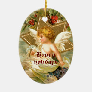 Vintager kleiner niedlicher Weihnachtsgel und Ster Keramik Ornament