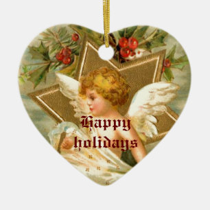 Vintager kleiner niedlicher Weihnachtsgel und Ster Keramik Ornament