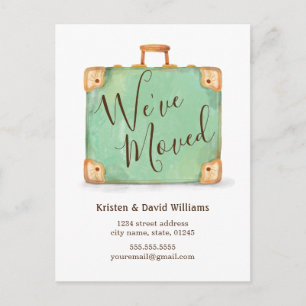 Vintager Koffer Wir haben uns bewegt Ankündigung Postkarte