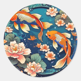Vintager Koi-Fisch auf Indigo Runder Aufkleber