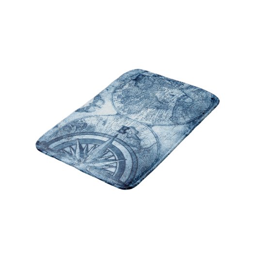 Vintager Kompass | Blue Grunge Seekarte Badematte (Schrägansicht)