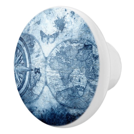 Vintager Kompass | Blue Grunge Seekarte Keramikknauf (Rechts)