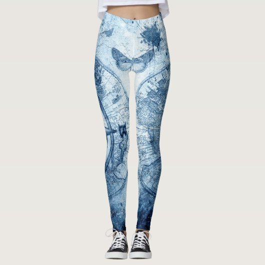 Vintager Kompass | Blue Grunge Seekarte Leggings (Vorderseite)