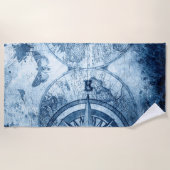 Vintager Kompass | Blue Grunge Seekarte Strandtuch (Vorderseite)
