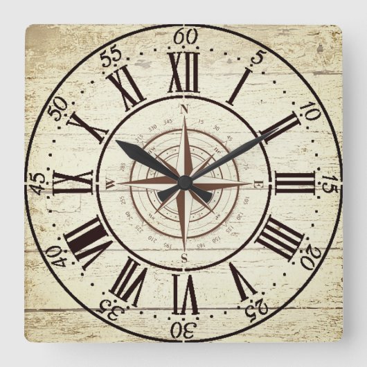 Vintager Kompass Quadratische Wanduhr (Vorderseite)