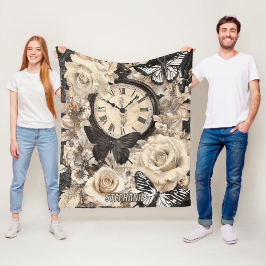 Vintager Kompass und Schmetterling - rustikales Pa Fleecedecke (Beispiel)