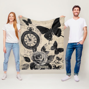Vintager Kompass und Schmetterling - rustikales Pa Fleecedecke