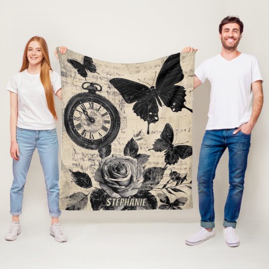 Vintager Kompass und Schmetterling - rustikales Pa Fleecedecke (Beispiel)