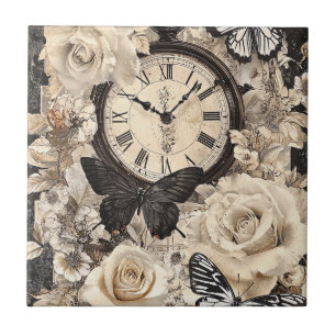 Vintager Kompass und Schmetterling - rustikales Pa Fliese