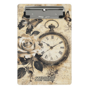 Vintager Kompass und Schmetterling - rustikales Pa Mini Klemmbrett