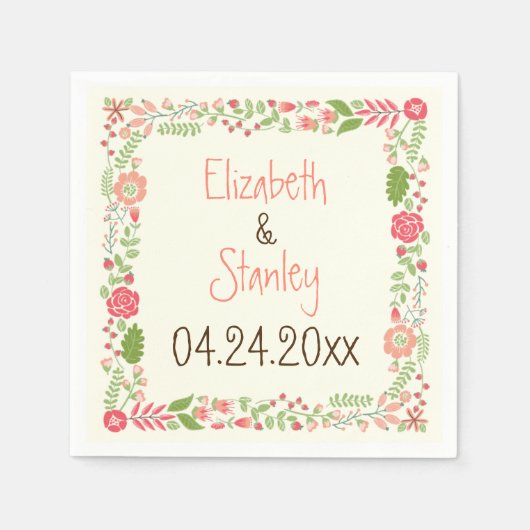 Vintager Korallenpfirsichblumenrand Moderne Hochze Serviette (Vorderseite)