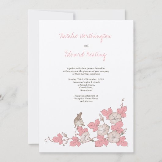 Vintager korallenroter Vogel u. Blumen, die Einladung (Vorderseite)