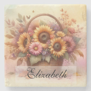 Vintager Korb von fallenden Blume pastellfarben Aq Steinuntersetzer