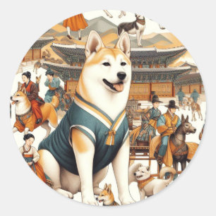 Vintager koreanischer Jindo Hund Nahtlose Illustra Runder Aufkleber
