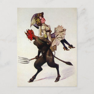 Vintager Krampus, der eine Frau trägt Postkarte