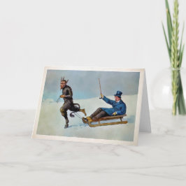 Vintager Krampus, der eine Schlittelurlaubskarte z Feiertagskarte
