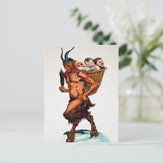 Vintager Krampus mit Kindern Postkarte (Stehend Vorderseite)