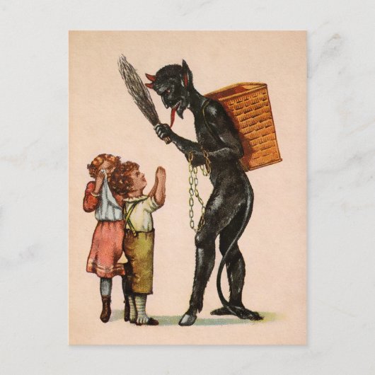 Vintager Krampus mit Kindern Postkarte (Vorderseite)