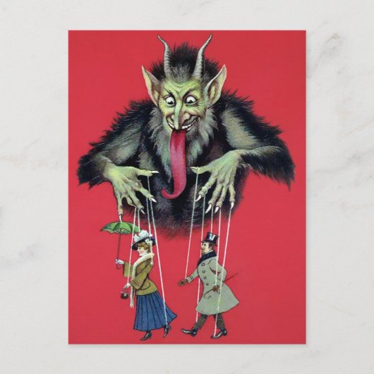 Vintager Krampus mit Puppen Postkarte (Vorderseite)