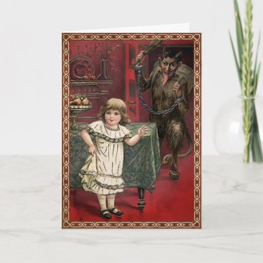 Vintager Krampus und Kind Feiertagskarte (Vorderseite)
