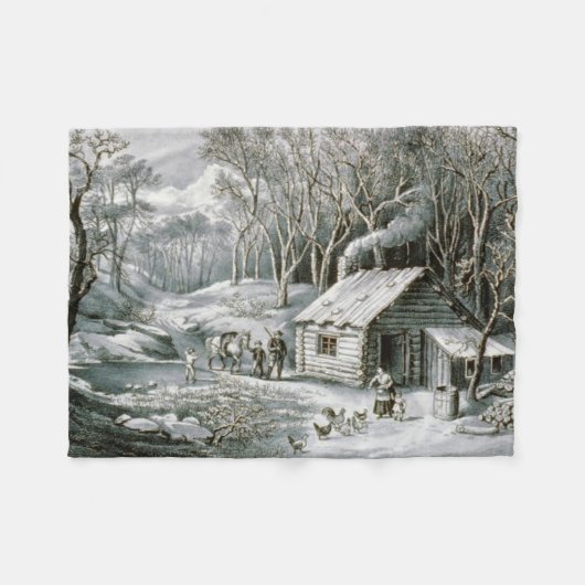 Vintager Kurier & Ives Blockhütte Weihnachten Fleecedecke (Vorderseite (Horizontal))