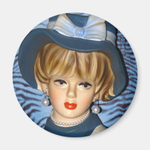 Vintager Lady Head Vase Blue Bucket Hat 1960er Magnet