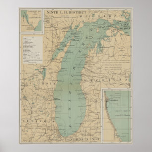 Vintager Lake Michigan Lighthouse Karte (1898) Poster