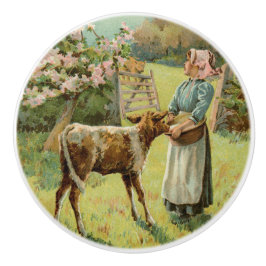 Vintager Landbauernmädchen Fütternd Kalb Keramikknauf