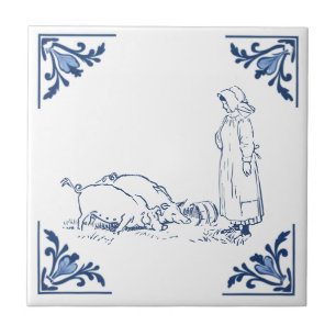 Vintager Landbetrieb Fütternd Schweine Delft Blue  Fliese