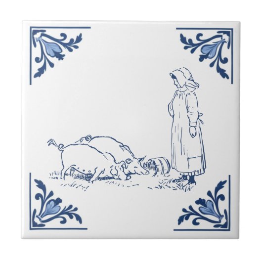 Vintager Landbetrieb Fütternd Schweine Delft Blue Fliese (Vorderseite)